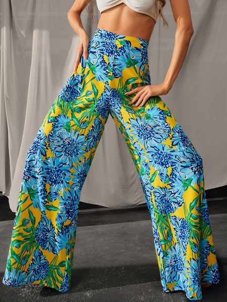 

luukse plants print high waist wide leg pants s1vl#, Black;white