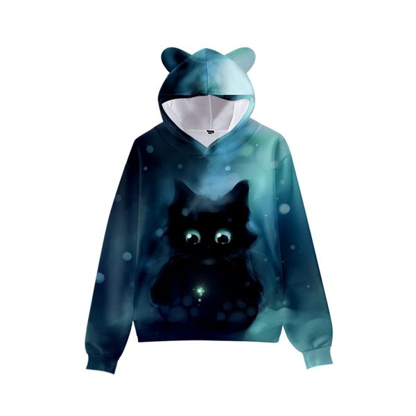 

different pupil cat pattern cute boy girl clothes hooded 3d printing hooded sweater autumn early winter ears hooded pullover, Black