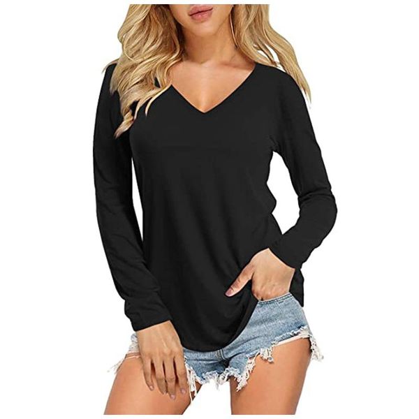 

women's t-shirt woman tshirts women 2021 fashion solid color loose long sleeve v-neck casual camisetas mujer t-shirty, White