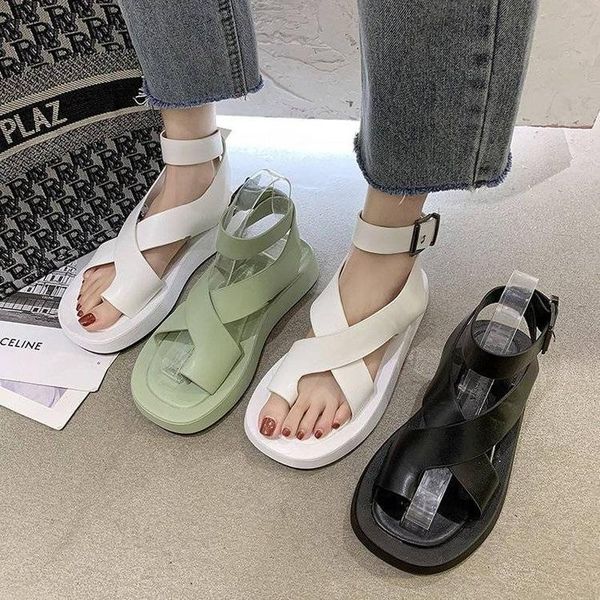 

sandals women's summer 2021 students joker platform roman beach shoes open toe fashion leather, Black
