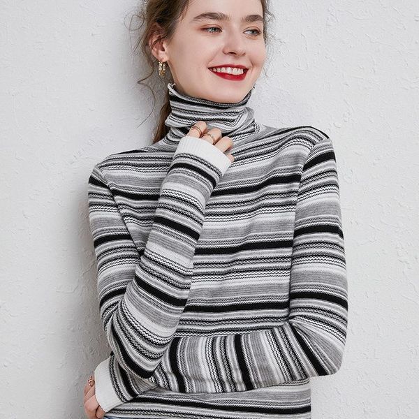 

women's sweaters colorful striped knitted sweater fall 2021 turtleneck long sleeve basic casual knit pullover female jumper femme, White;black