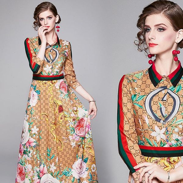 

elegant spring summer autumn women dress formal office party floral print maxi dress fashion long sleeve tunic vestido de festa, Black;gray