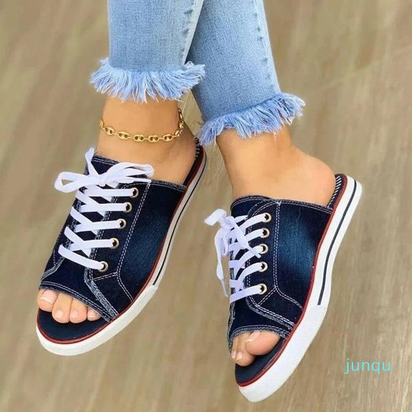 Pantofole Sandali da donna Scarpe piatte in denim Scarpe estive da donna Peep Toe Home Female Lace Up Casual Fashion 2021 Woman Comfort Slipper