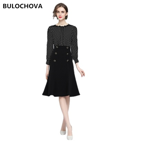 

casual dresses 2021 autumn designer women fashion long sleeve knee length dress ladies black dot patchwork high waist slim vestidos femme xx, Black;gray