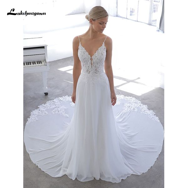 

2021 new boho spaghetti straps a-line wedding es court train v-neck soft satin country plus size with lace insert appliques gelinlik m3xn, White