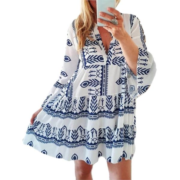 

casual dresses 2021 womens fashion boho print v neck ruffle flare sleeve stitching sweet mini dress loose holiday beach sundress, Black;gray