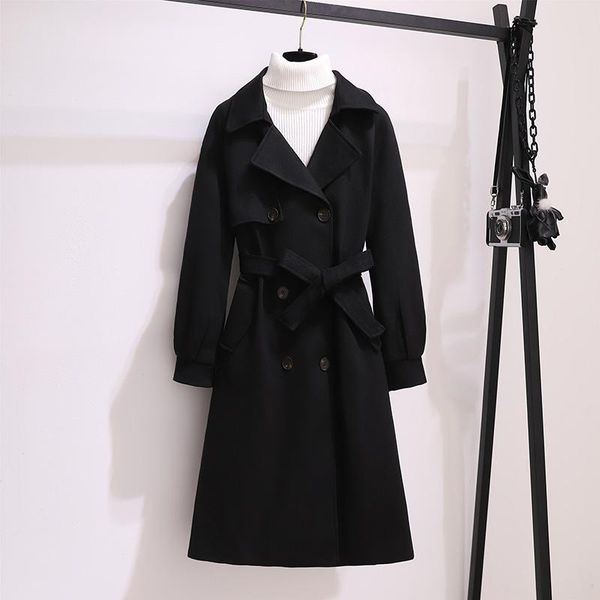 

women's wool & blends high-end autumn winter woolen coat clothes fashion women jacket loose belt long overcoat female casual outwear, Black