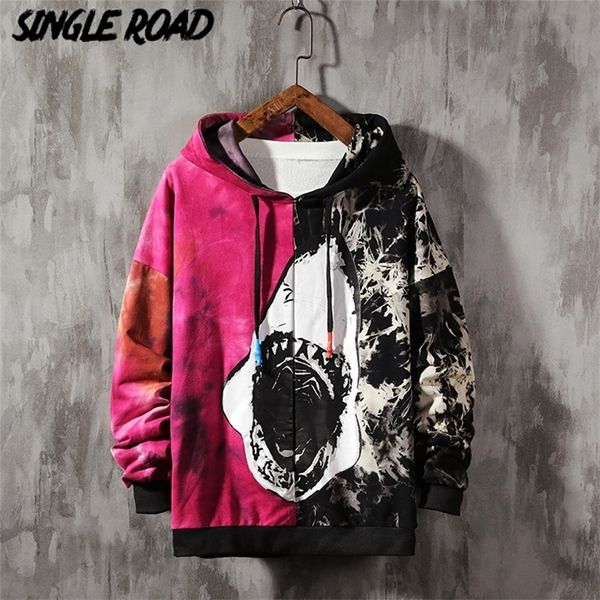 SingleRoad Hoodies Masculinos Oversized Tie Dye Patchwork Tubarão Harajuku Japonês Streetwear Hip Hop Hoodie Homens Moletom Masculino 201103