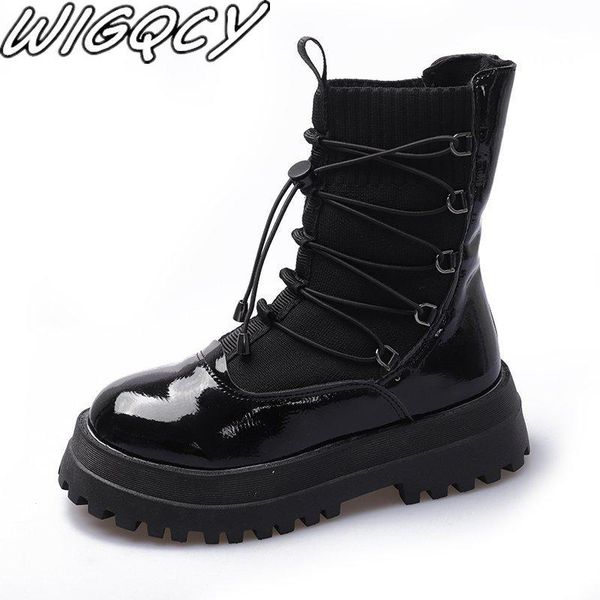 

boots cross-tied ankle for women 2021 winter motorcycle increase platform shoes round toe wedges botas altas mujer pu, Black