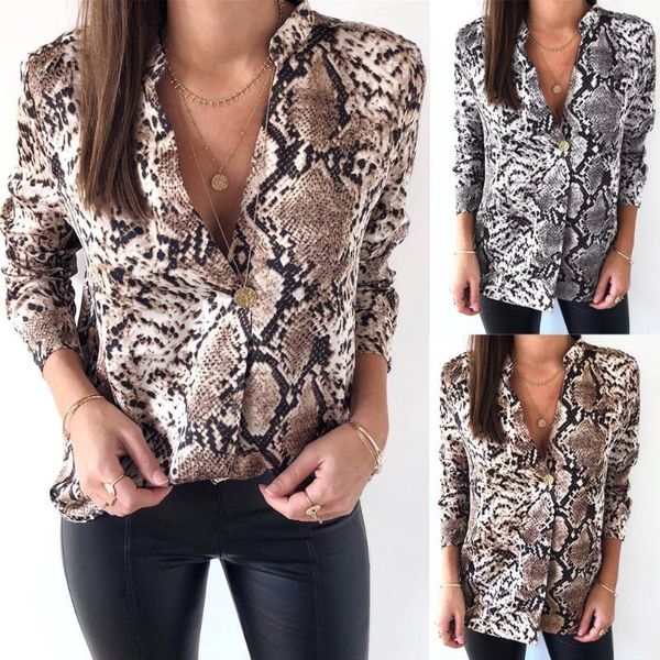

fashion women snakeskin print long sleeve blouse summer ladies deep v neck work button shirt loose casual shirts, White