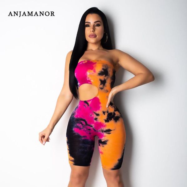

women's jumpsuits & rompers anjamanor tie dye strapless cut out short bodycon jumsuit mujeres womens one piece romper summer 2021 plays, Black;white