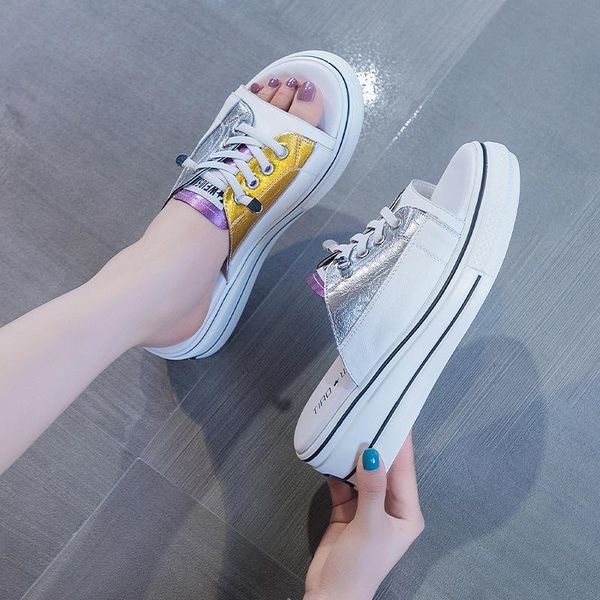 

slippers 2021 summer genuine leather lightweight wedge heel female wild color matching korean beach lazy, Black