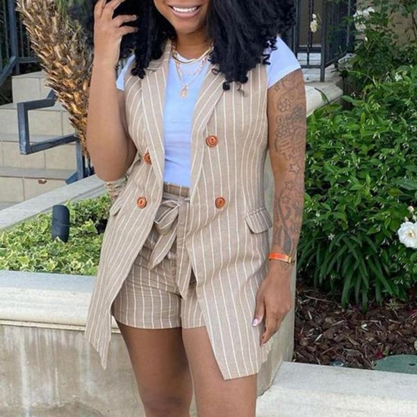 

women's tracksuits s-3xl two piece set women summer striped suit vest jacket and shorts sets fashion elastic waist pants wholesale drop, Gray