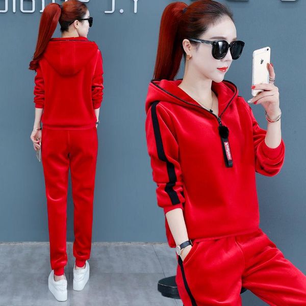 

velvet suit women's autumn and winter new loose casual sportswear sweater plus velvet thick two-piece suit, White