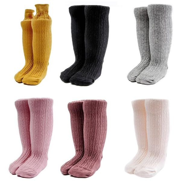 

toddler baby cable knit knee high long socks solid cotton stockings, Pink;yellow