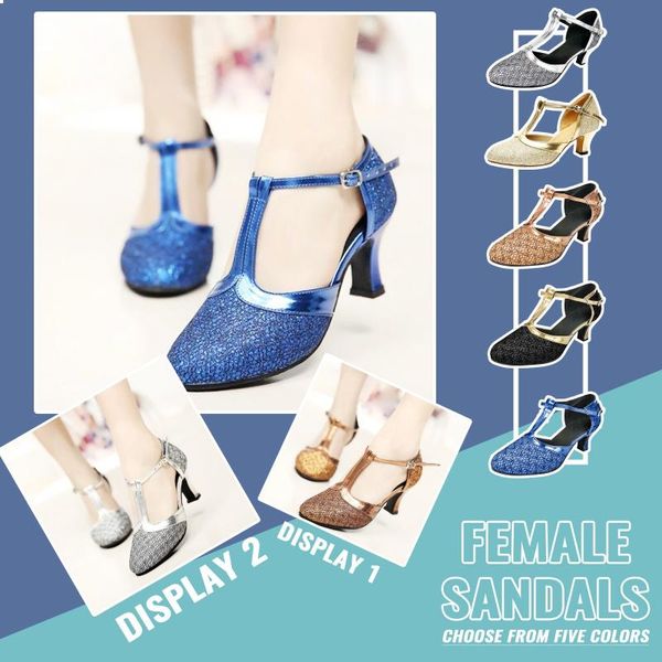 

sandals 2021 women pumps summer fashion ballroom tango latin dancing shoes sequins social dance party casual females, Black