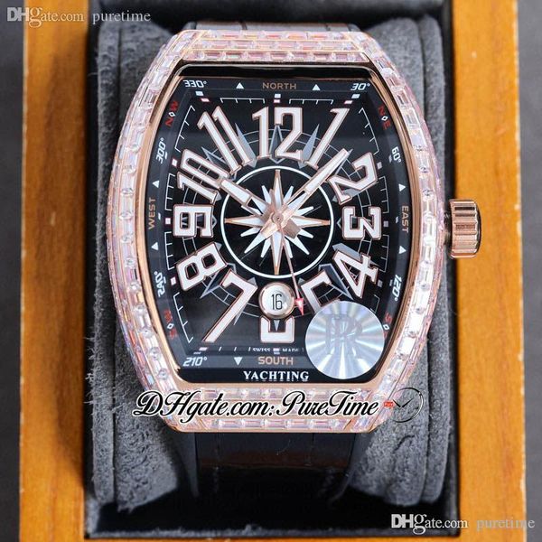 RF Vanguard V45 SC DT A21J Automatik-Herrenuhr, 18 Karat Roségold, Gehäuse mit Diamanten, schwarzes Zifferblatt, weiße Markierungen mit großen Zahlen, Leder, Gummi, glitzernde Schmuckuhren, Puretime F03m13