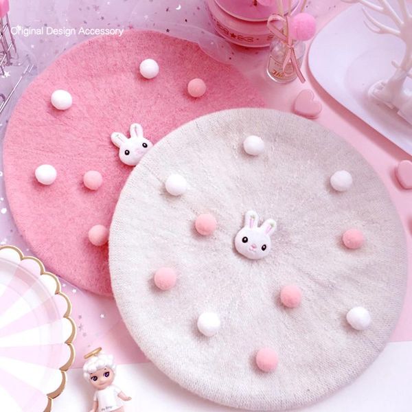 

berets handmade japanese beret lolita biscuits hat bud felt kawaii fur ball decoration cosplay party women, Blue;gray