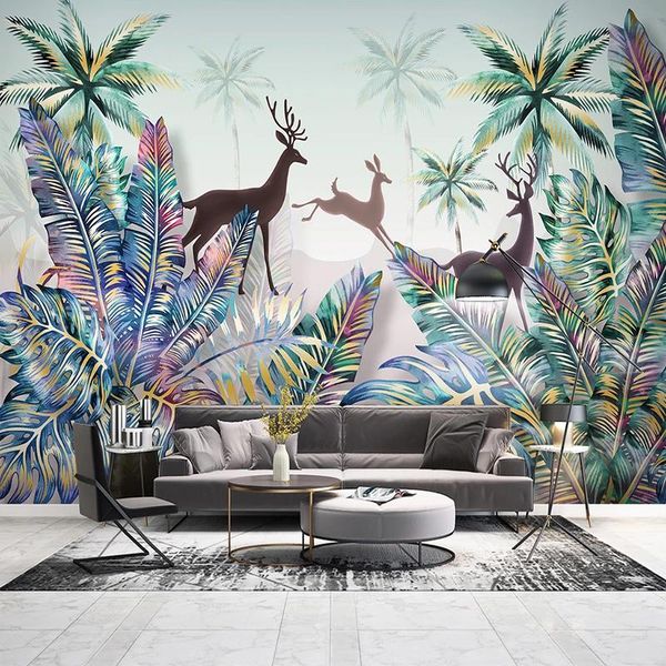 

wallpapers 3d pastoral tropical plant leaf coconut tree elk forest landscape po wall painting modern living room bedroom wallpaper mural