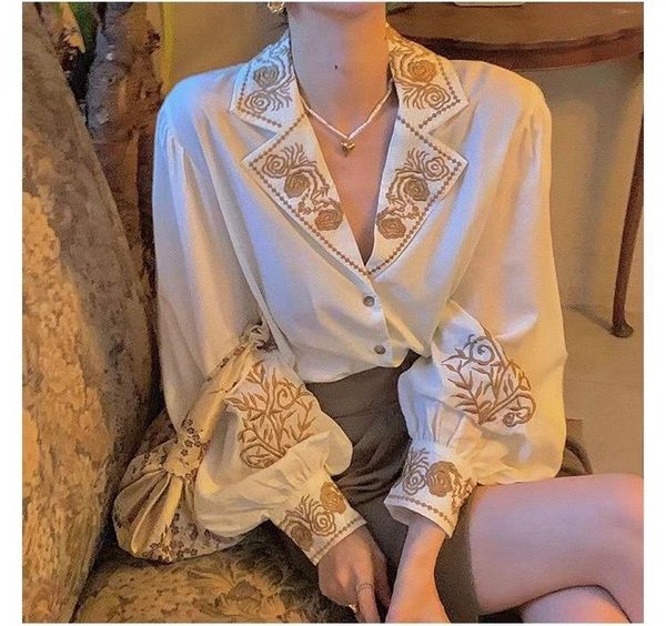 

women's blouses & shirts vintage ethnic style lantern sleeve women embroidery notched collar ladies shirt chic woman, White