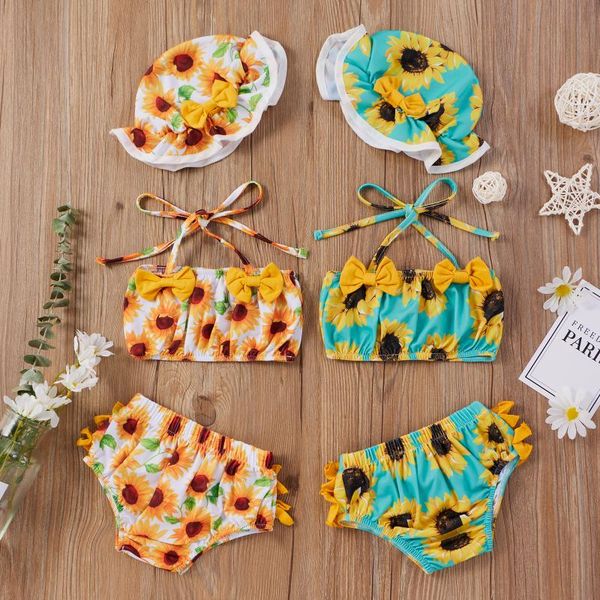 

one-pieces 2021 summer born girl's flower print bikini set swimwear sleeveless crop +short+hat 3 piece toddler kids swimsuit, Black