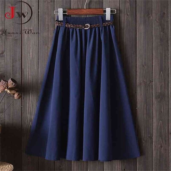 

women preppy style summer skirt casual a-line solid with belt mid-length fashion elegant chic girls midi skirts saias 210702, Black
