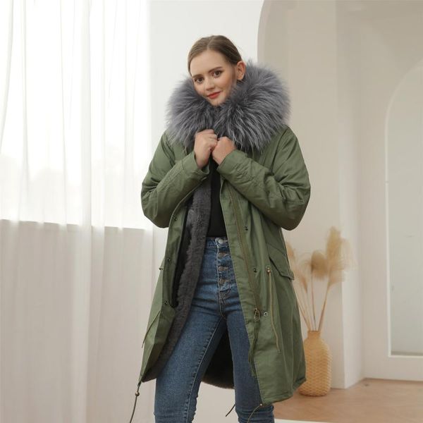 

women's fur & faux in-stock army green long leather parka coat women, Black