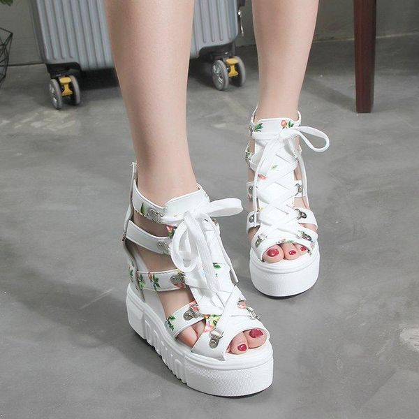 

2021 new women's sandals waterproof platform wedge heel platform sandals women's mouth increased printing, Black