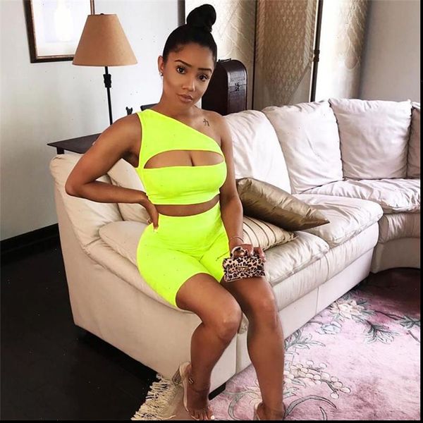 

one shoulder tank shorts two piece set women sleeveless hollow out and pants womens 2pcs set, Gray