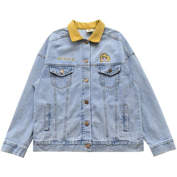 

women's jackets 2021 patch embroidery jacket cute yellow turn down collar oversized long sleeve denim, Black;brown