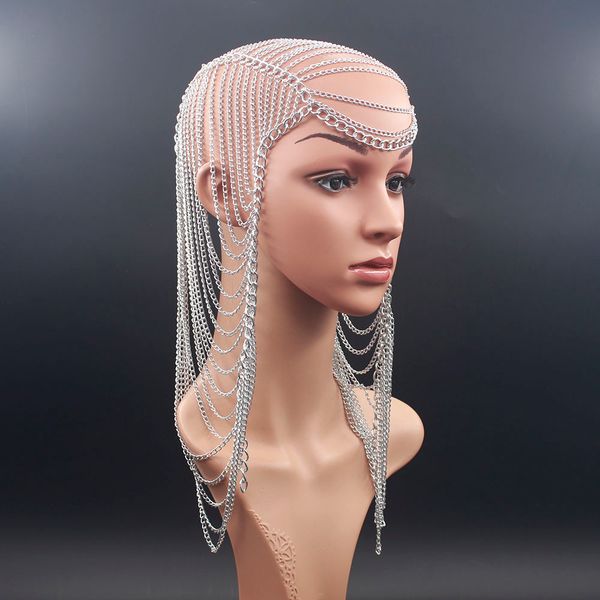 

luxury gold metal long tassel punk head chain jewelry for women party wedding hair accessories headpiece, Slivery;golden