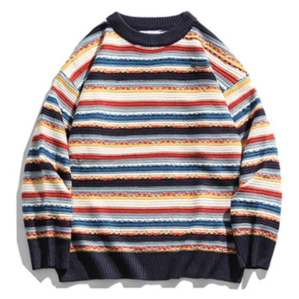 

men's sweaters striped rainbow pull sweater for men women streetwear knitted print casual kawaii oversized pullover jumpers, White;black