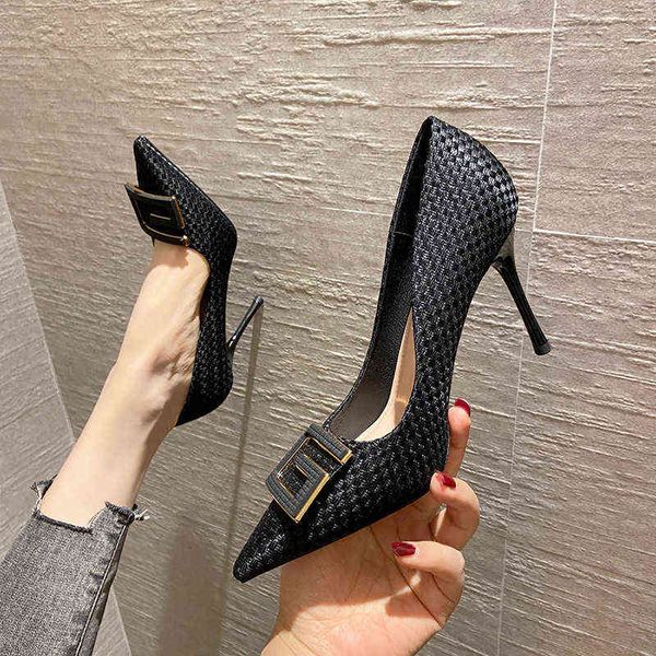 

dress shoes high heels 91810 high heel 2022 style versatile temperament girl woven pointed profsional stiletto shoes, Black