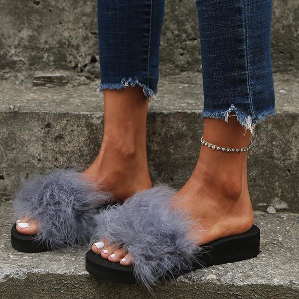 

slippers 2021 women's outer wear fashionable furry flip-flops wedge platform casual fashion chanclas summer shoes for women, Black