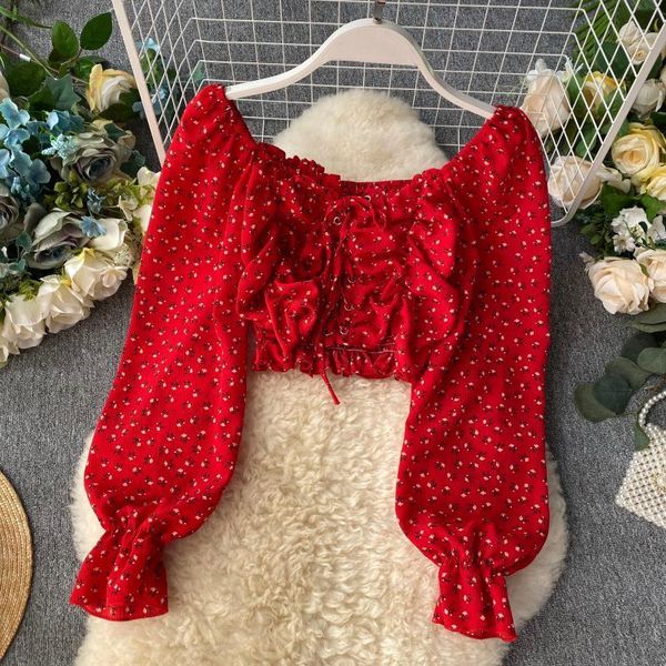 

autumn 2021 new chic slash neck long puff sleeve flower print short crop women chiffon blouse j929 t200813, White