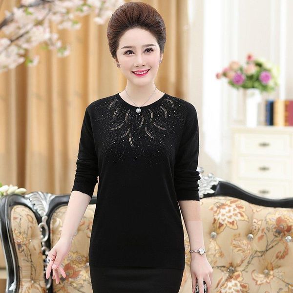 

women's sweaters middle-aged women pullovers loose long-sleeve o-neck knitted wool basic shirt diamond sweater mother, White;black