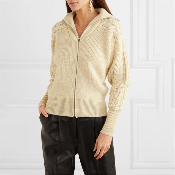 

2021 new beige double zippers knitted sweater women autumn winter long sleeve turn down collar cardigan casual vintagte solid lx83, White;black