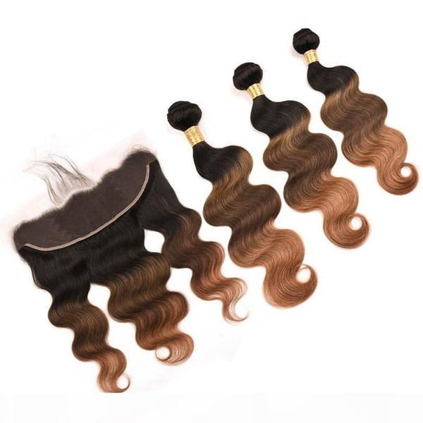 

black brown to medium auburn ombre malaysian virgin human hair weaves with frontal #1b 4 30 body wave ombre 3bundles with lace frontal