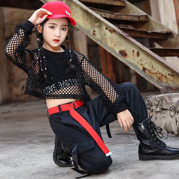 

girl jazz costume hip hop dance clothes net crop black pants sreet wear ballroom dress hiphop performance stage outfits 1940, Black;red