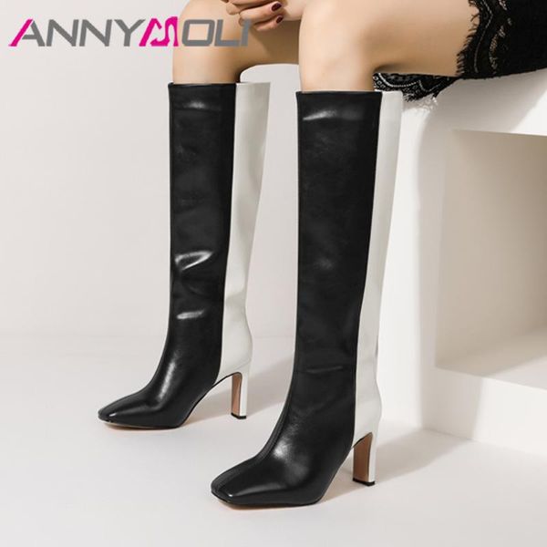 

boots annymoli women modern shoes thin high heel square toe knee zipper lady footwear autumn winter black big size 43