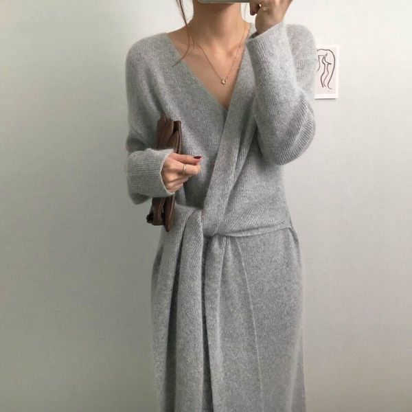 

casual dresses autumn warm cashmere criss cross sweater dress women ol deep v-neck knitted tie irregular sashes pullovers vestidos, Black;gray