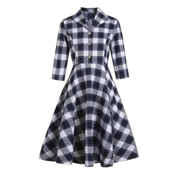 

women 50s plaid vintage swing dress turn down collar button front ladies elegant a line autumn summer jurken clothes robe casual dresses, Black;gray