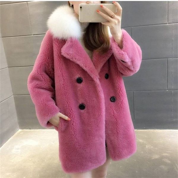 

2021 new women winter royal fox casual goal of thick skin single female double breasted genuine sheep coat j104 nvjh, Black