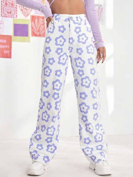 

floral print high waist straight leg jeans s46w#, Blue