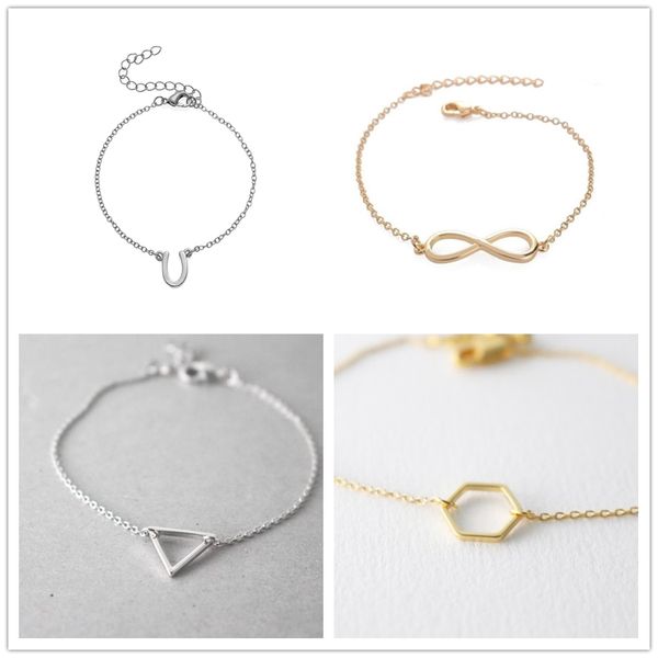 

30pcs diamond arrow infinity infinite heart circle round apple cross hashtag glasses pinecone mountain bracelet minimalist geometric jewelry, Golden;silver