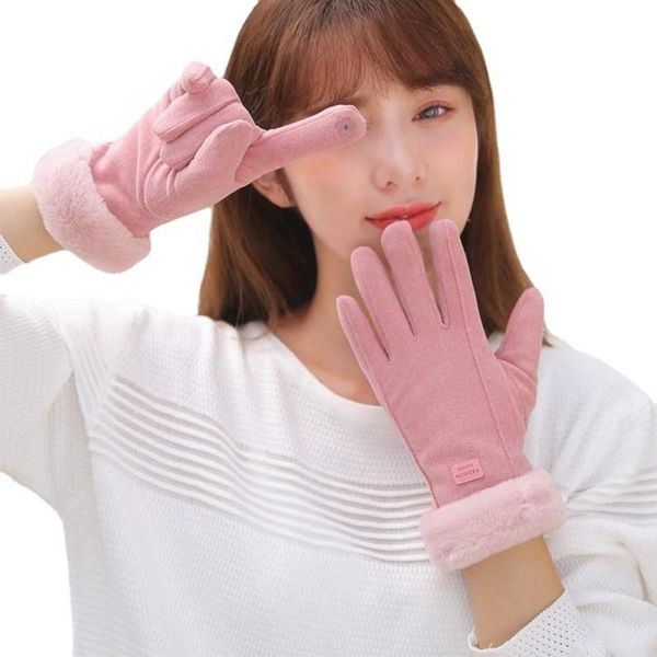 

sports gloves 2021 female suede furry warm full finger women winter touch screen lady outdoor sport driving windproof mitte, Black