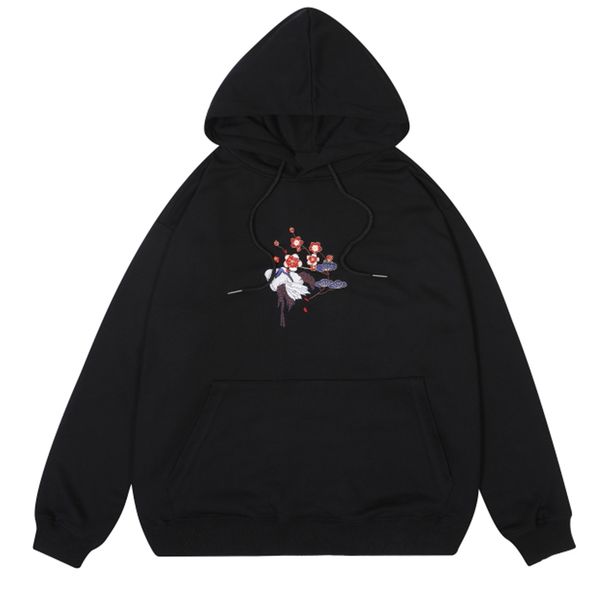 

new hip 2021 hop streetwear autumn sweatshirt hooded pullover loose crane embroidery floral harajuku hoodie cotton q0ul, Black