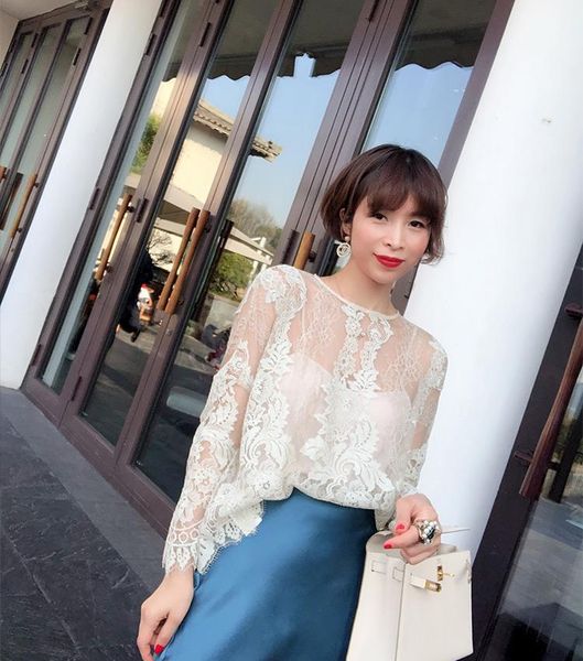 

women's blouses & shirts 2021 est ladies stylish long sleeve round collar blouse shirt with hollow lace detail matched strap, White