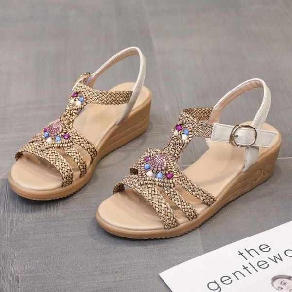 

dress shoes sandals women summer fashion women's 2021 woven beaded wedge heel open toe, Black