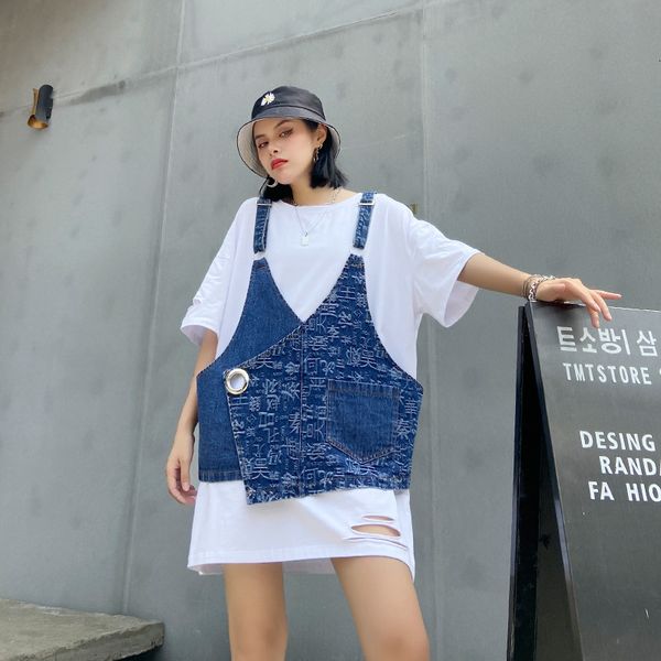

2021 new women's round neck half sleeve denim , letter printing, large size, loose cut, fashion, spring and summer, cotton, 2-piece set, Black